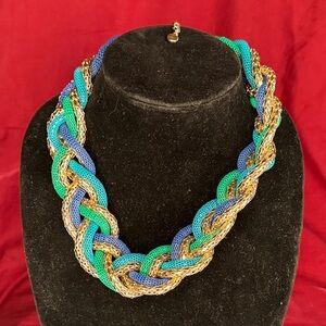 Vintage Retro Bold Statement Goldtone, Blue & Green Braided Mesh Wire Necklace!